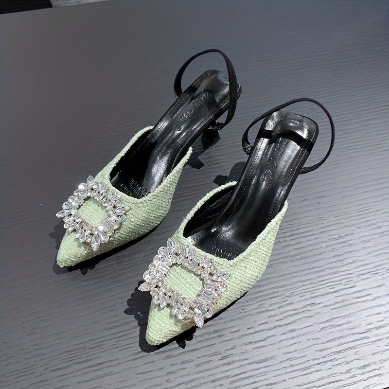 Women's Slingback Rhinestone Buckle Sandals Kitten Heels