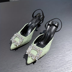 Women's Slingback Rhinestone Buckle Sandals Kitten Heels