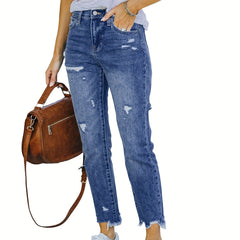 Casual Tapered Jeans Women's Plus Ripped Skinny Denim