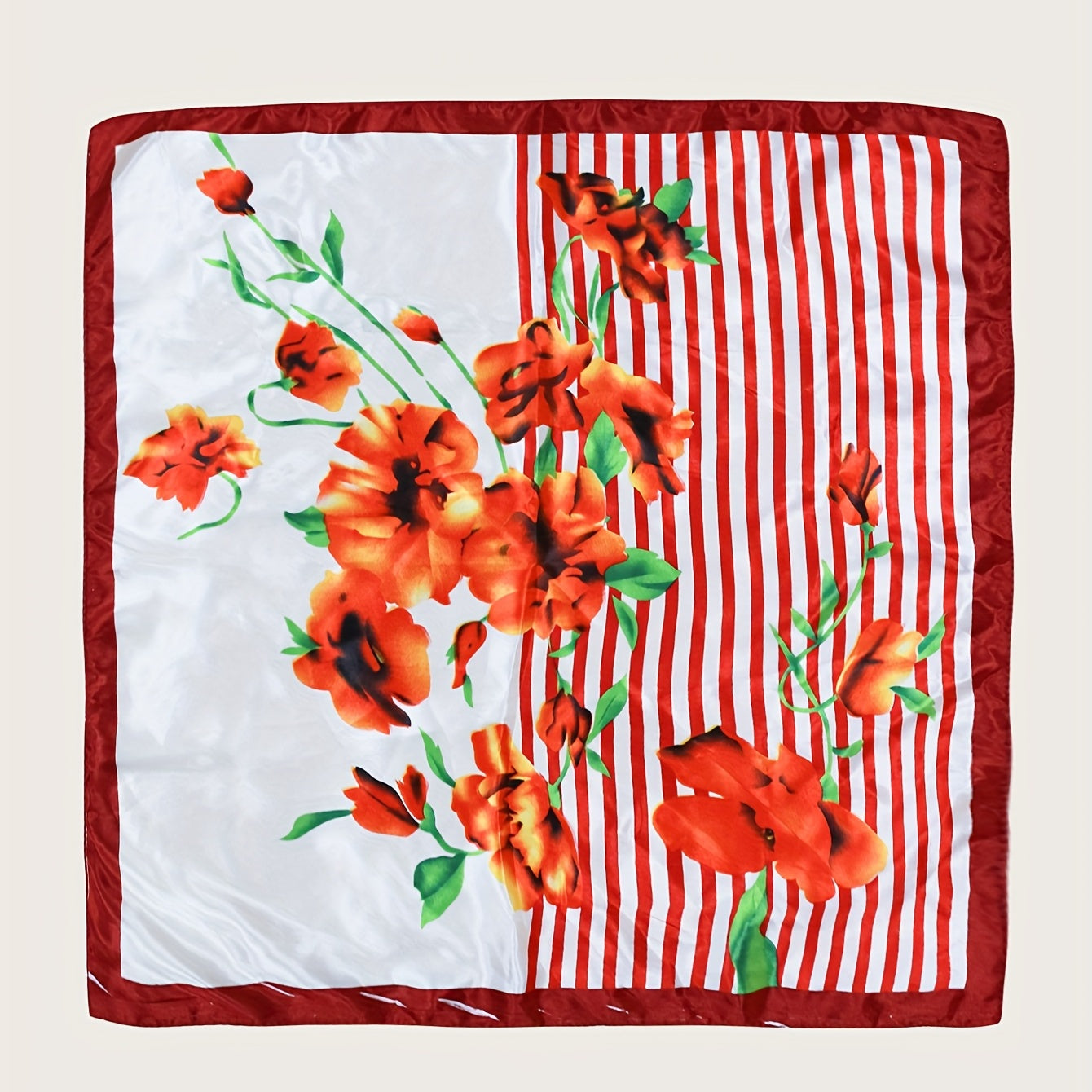 Flower Print Striped Bandana Classic Shawl Satin Square Scarf Neckerchief