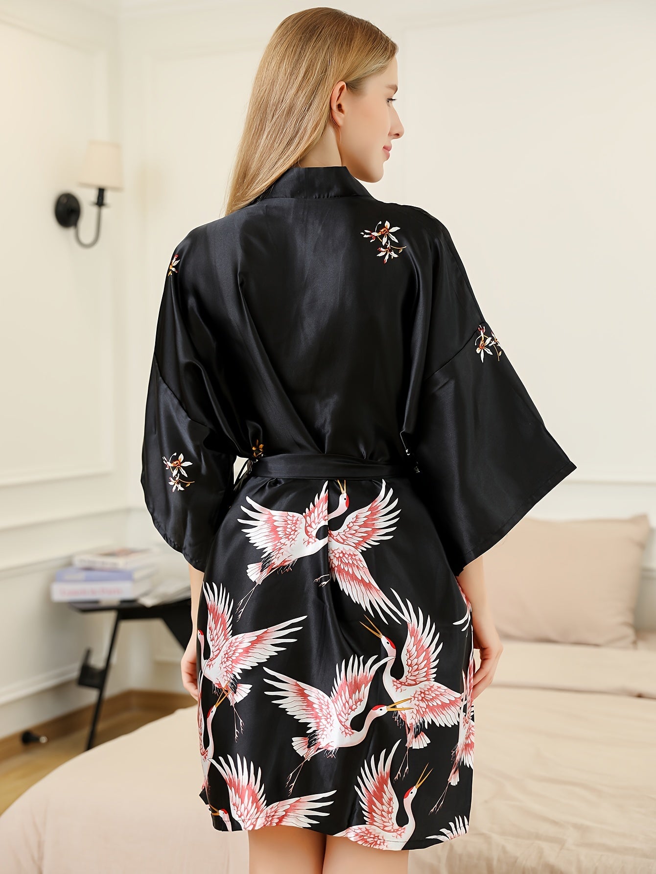 Crane Print Night Robe 3 4 Sleeve V Neck Robe With Belt