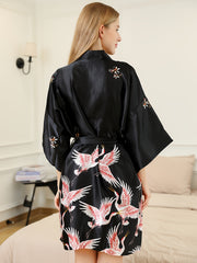 Crane Print Night Robe 3 4 Sleeve V Neck Robe With Belt