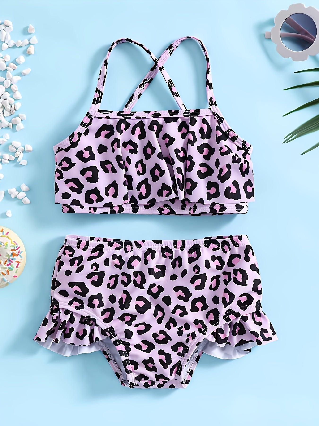 Leopard Print 2pcs Swimsuit Set For Girls Comfy Bathing Suit