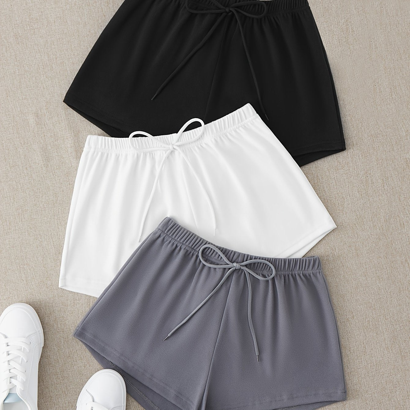 3 Sets Bow Solid Lounge Bottoms Elastic Waistband Shorts Womens Loungewear
