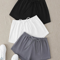3 Sets Bow Solid Lounge Bottoms Elastic Waistband Shorts Womens Loungewear