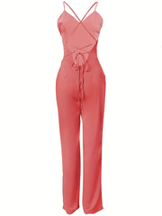 Backless V neck Jumpsuit Solid Color Sexy Jumpsuit