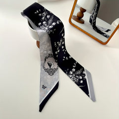 Flower Print Skinny Scarf Vintage Block Neckerchief Classic Hair Ribbon