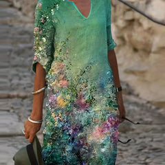 Floral Print Dress Casual V Neck Short Sleeve Dress Women's Clothing