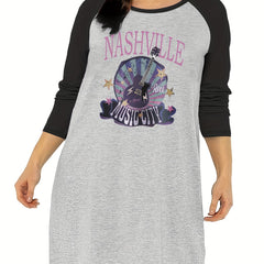 Guitar & Letter Print Raglan Sleeve Tee Sleep Dress