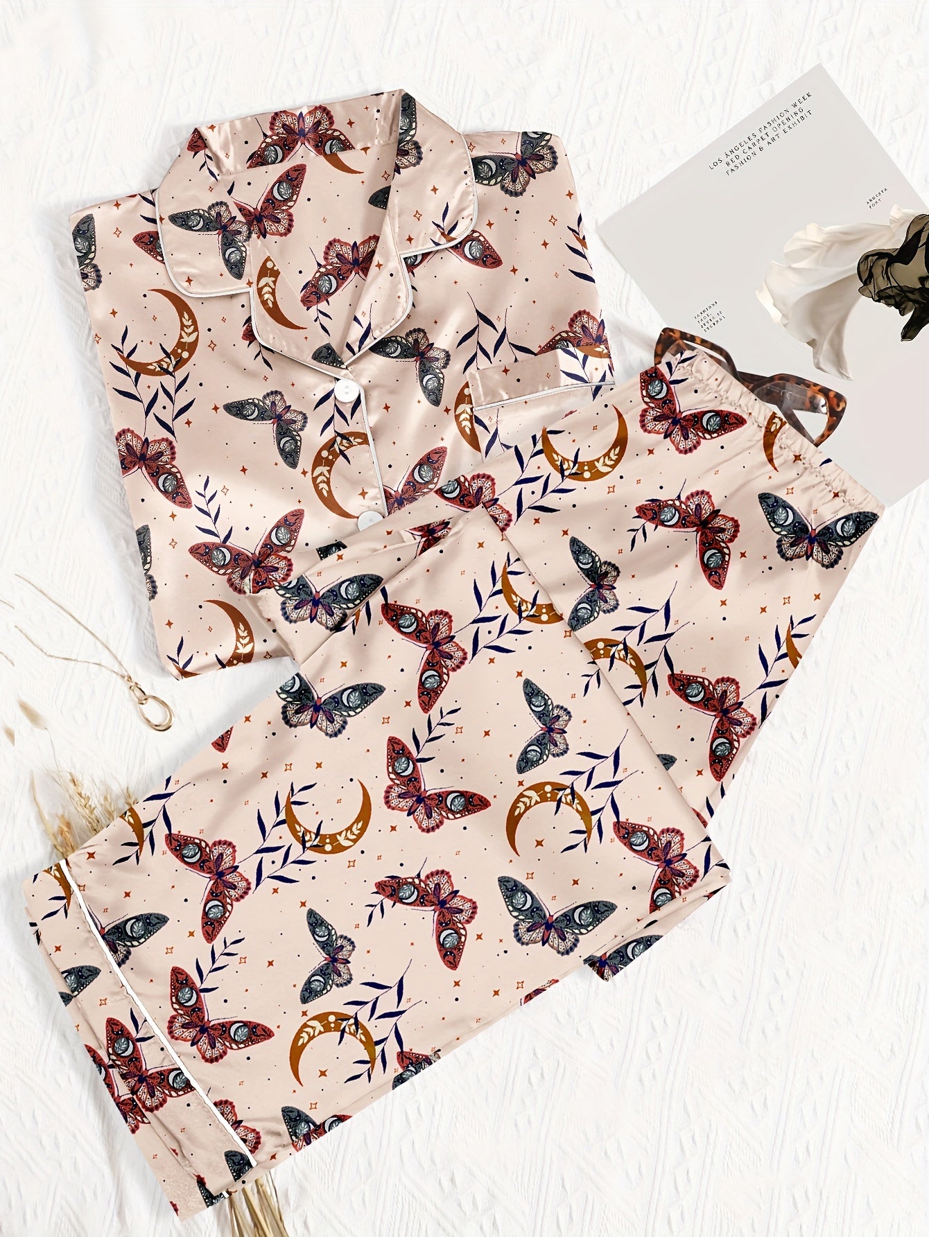 Retro Pajamas Set Women's Plus Butterfly & Moon Print Satin Shirt