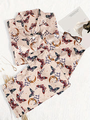 Retro Pajamas Set Women's Plus Butterfly & Moon Print Satin Shirt