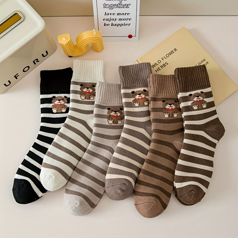 6 Pairs Plus Size Knee Socks Set Bear Plush Lined Thermal Mid Calf