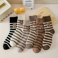 6 Pairs Plus Size Knee Socks Set Bear Plush Lined Thermal Mid Calf