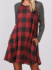 Colorblock Gingham & Stripe Print Long Sleeve Dress