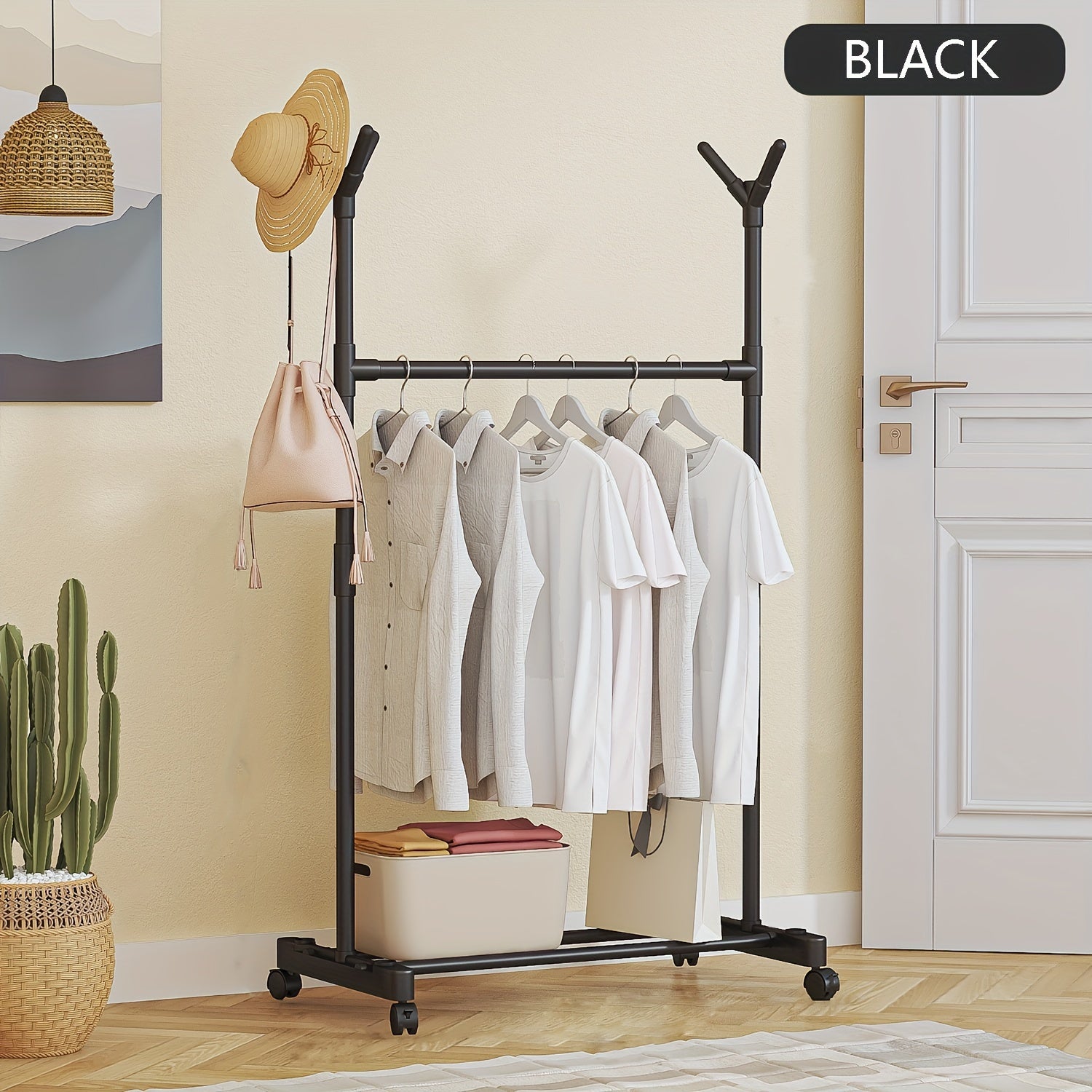 Double Pole Coat Rack With Pulley 2 Layer Clothes Rack Standing Coat Rack