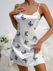 Butterfly Print Nightdress Crew Neck Spaghetti Strap Sleep Dress