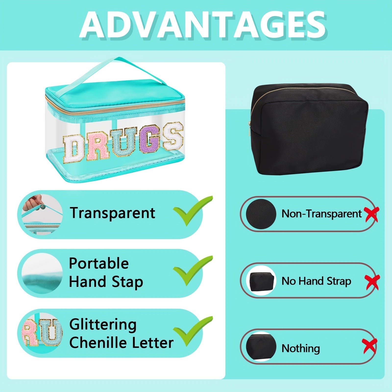 Chenille Letter Clear Makeup Bag Waterproof Glitter Cosmetic Handbag