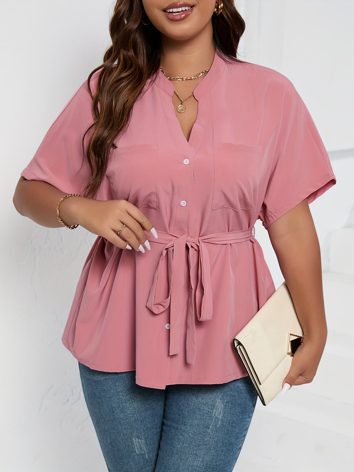 Solid Short Sleeve Blouse with Belted Top