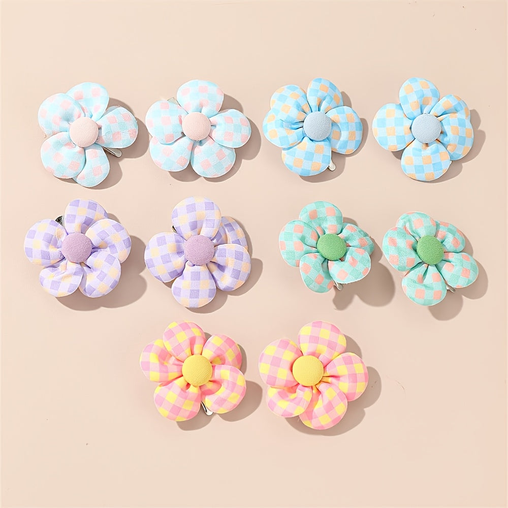 10pcs Girls Plaid Pattern Flower Hair Clips Side Clip Hair Accessories