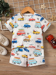 Car Print T-shirt & Shorts Set for Boys Kids Summer Outfit