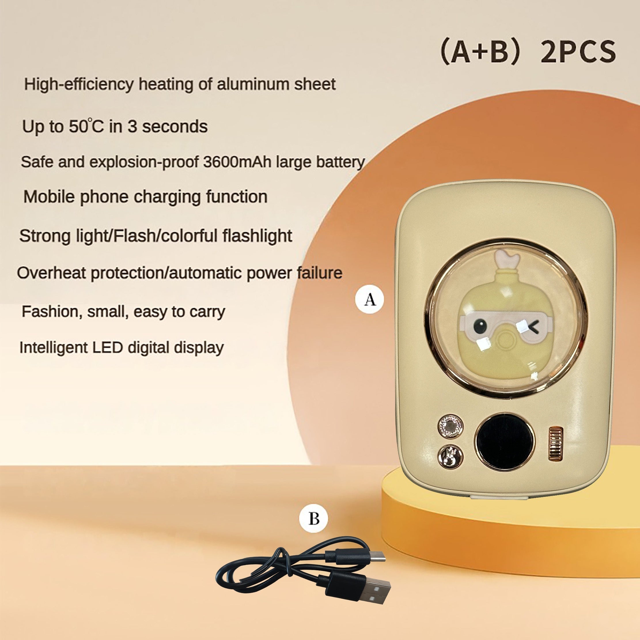 3600mAh Portable Mini Heater with Dazzling Light & USB Charging