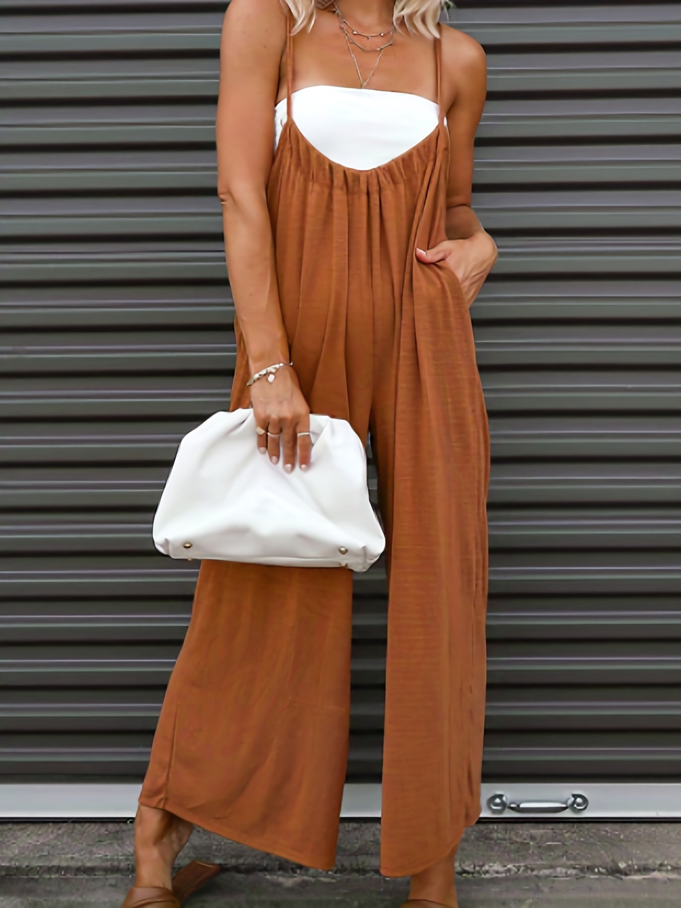 Tie Back Jumpsuit Ruched Sleeveless Wide Leg