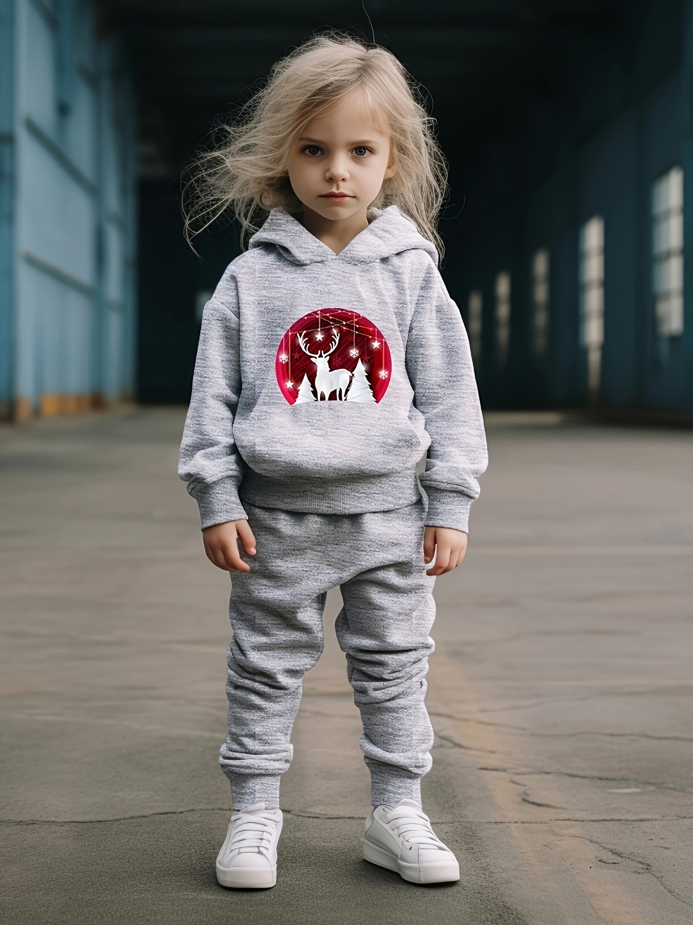 Girls 2pc Christmas Elk Hooded Sweatshirt Set