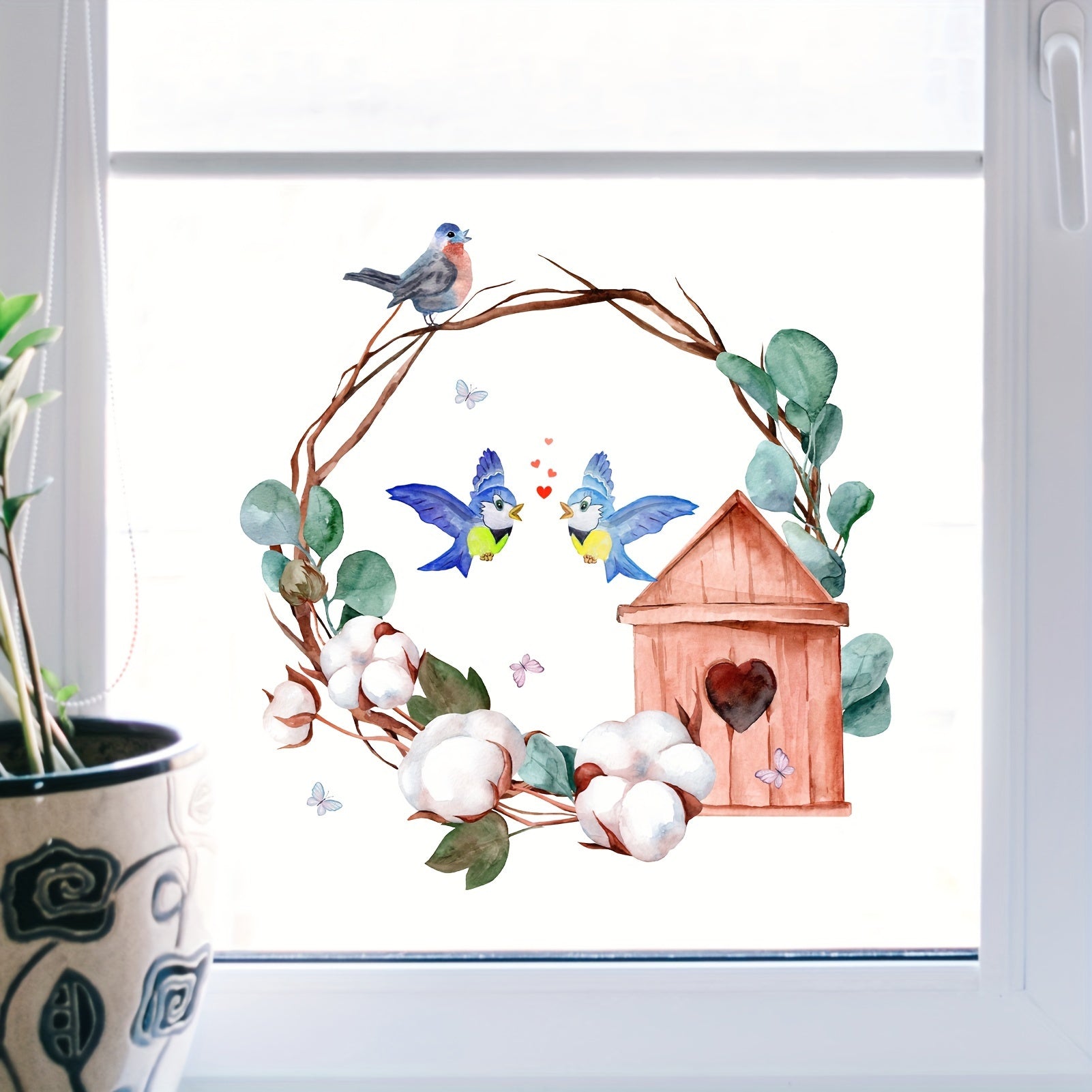 Lovely Bird On Tree Branch Wall Decal Green Leaves Flying Birds Removable Art