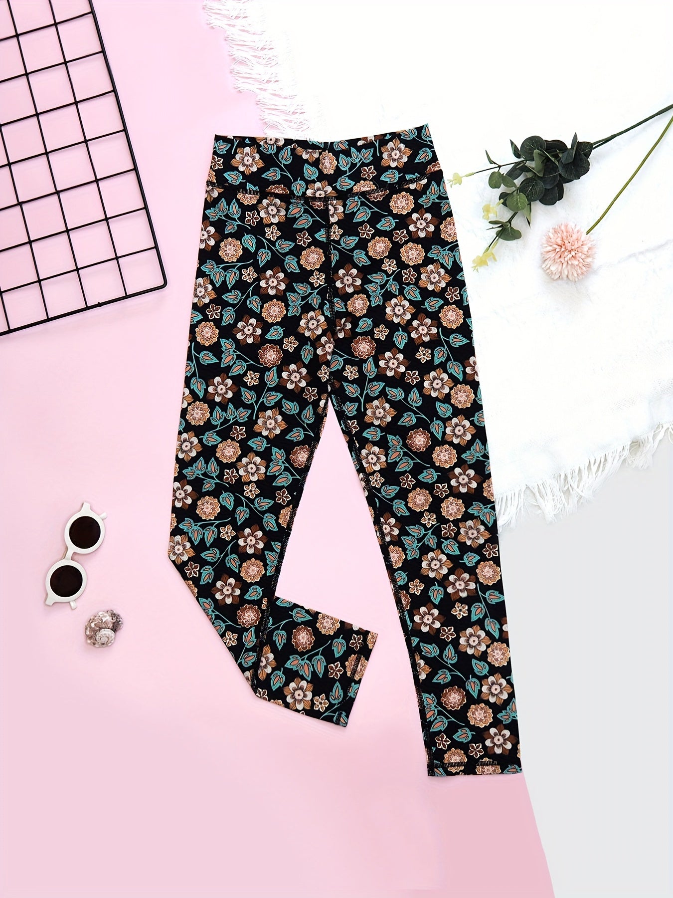 Toddler Girls Tropical Flowers Leopard Leggings Elastic High Waist