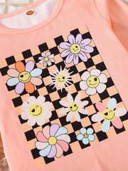 Toddler Girl's Floral Outfit 2pcs Trumpet Sleeve Top & Checkerboard Flared Pants