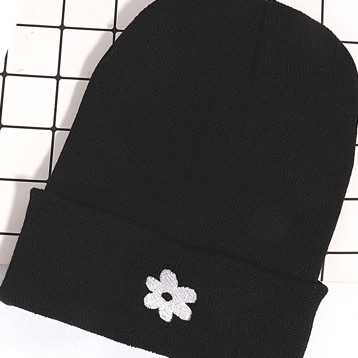 Embroidered Small Flower Beanie Winter Warm Ski Hat Unisex