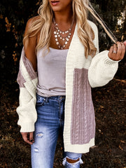 Colorblock Cable Lantern Sleeve Open Front Cardigan
