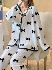 Bowknot Pattern Warm Thermal Pajama Set Women's Sleepwear