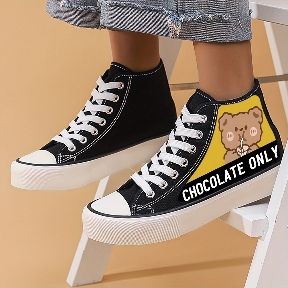 Chocolate Bear Print High Top Canvas Sneakers