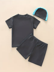 Boys 3pcs Swimsuit Short Sleeve Tee & Shorts & Cap Quick Drying Beach Vacation