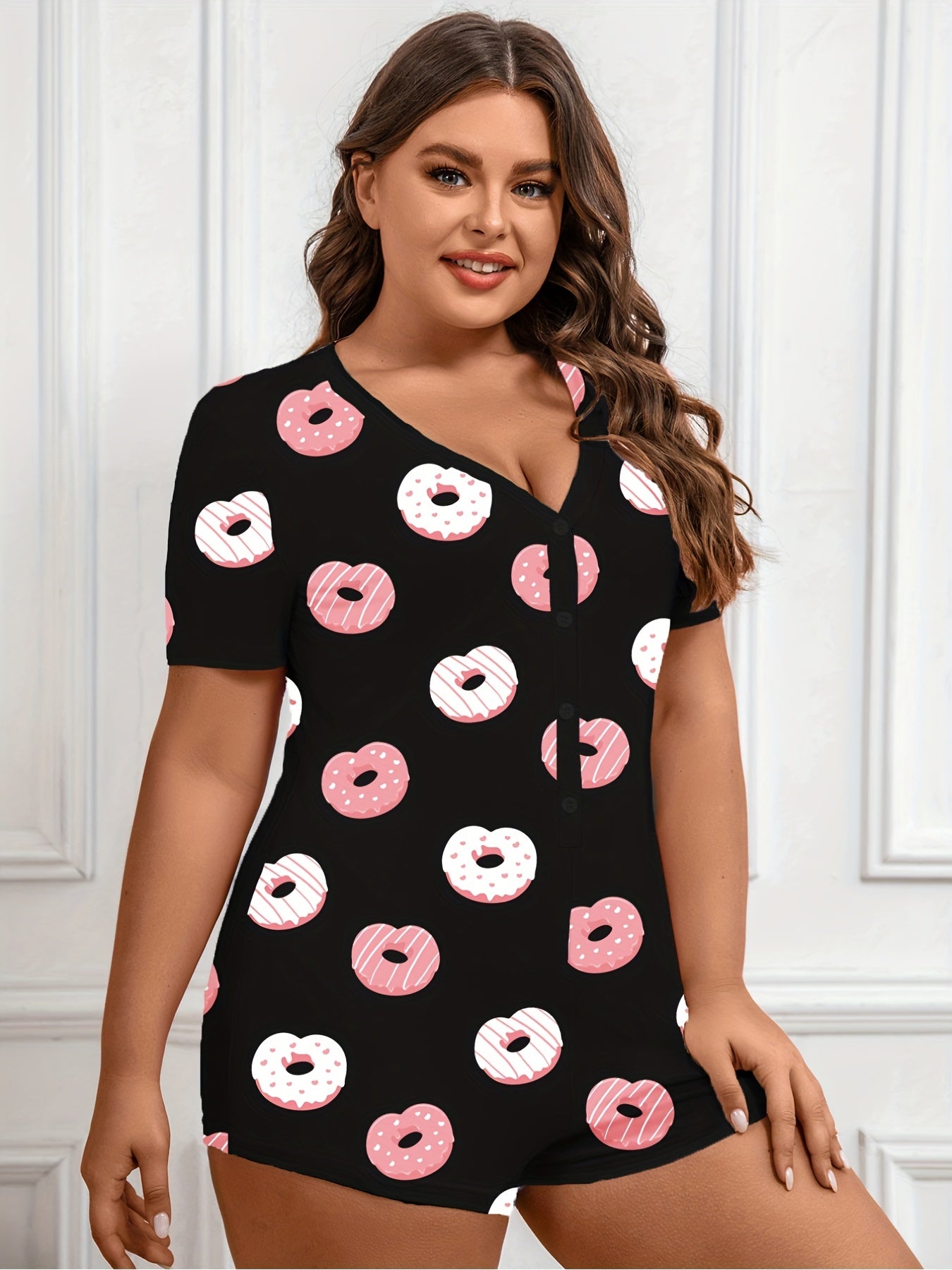 Donut Print Button Up V Neck Pajama Romper