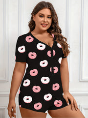 Donut Print Button Up V Neck Pajama Romper