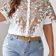 Boho Blouse Women's Plus Paisley Print Button Up Short Sleeve