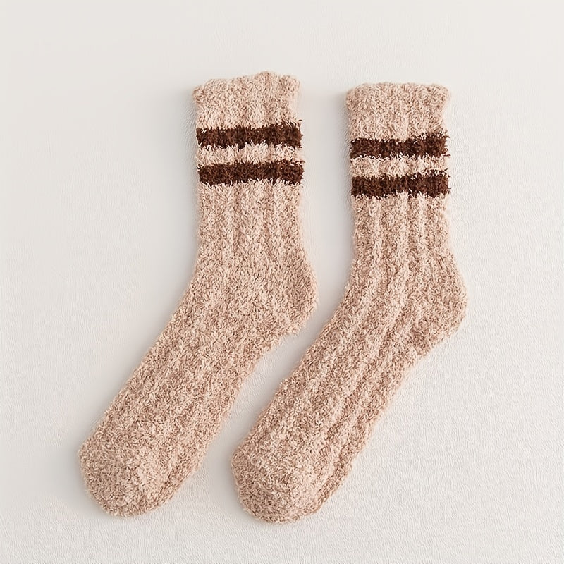 4 Pairs Striped Fuzzy Socks Warm Mid Tube Stockings