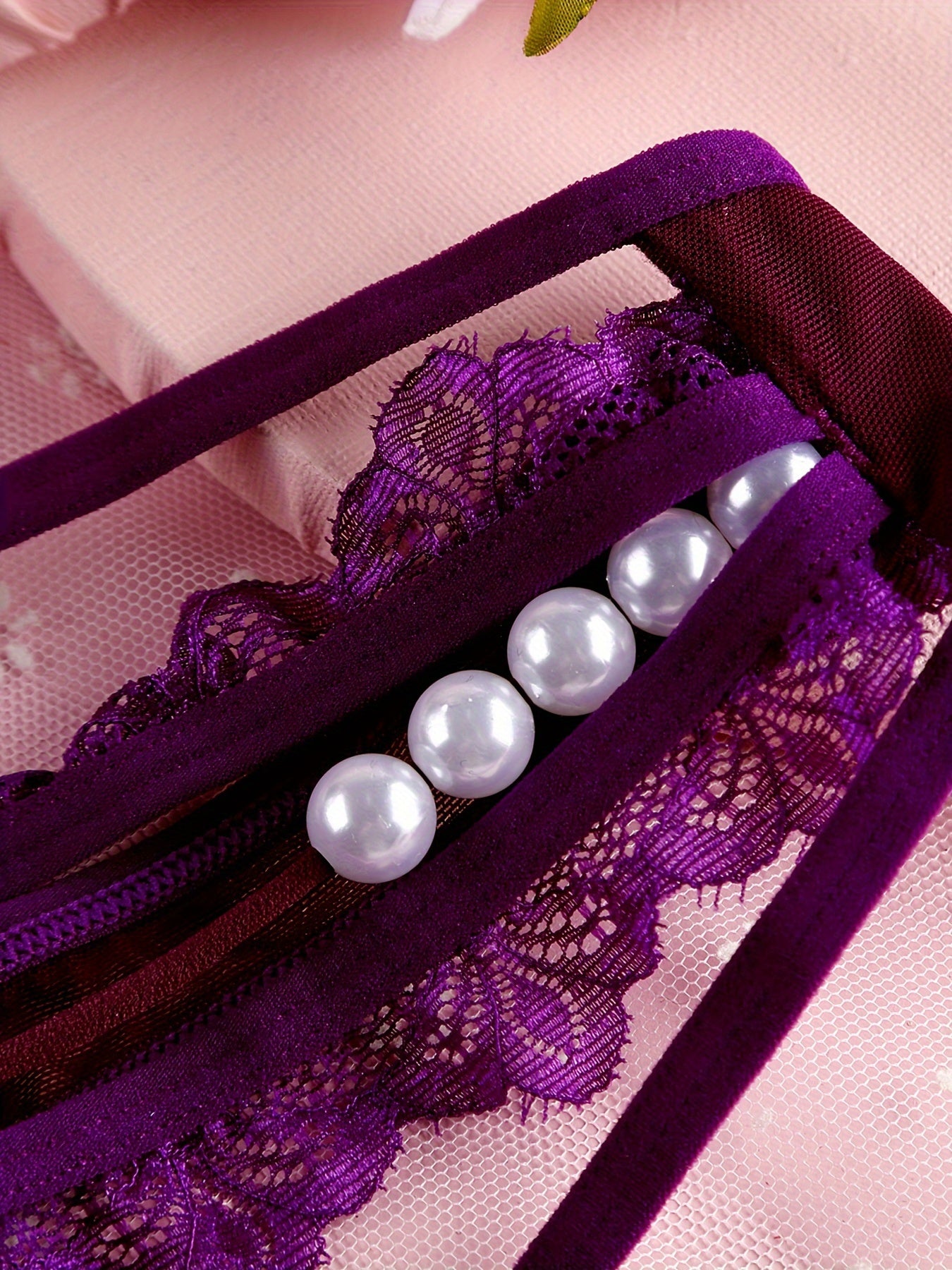 Floral Lace Thongs with Faux Pearl Bow Tie Panties