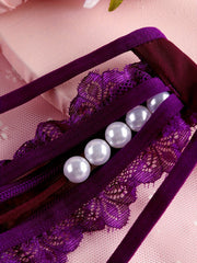 Floral Lace Thongs with Faux Pearl Bow Tie Panties