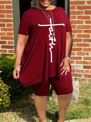 Casual Outfits Two Piece Set Women's Plus Letter Print Short Sleeve