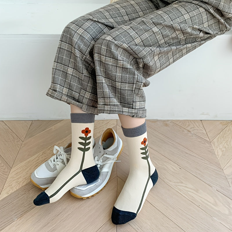 5 Pairs Floral & Plaid Print Socks Women's Mid Tube Stockings