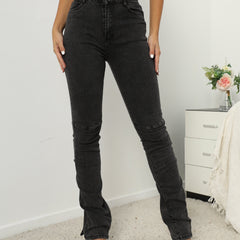 Grey Ruched Flared Jeans Bell Bottom Split Wide Legs Denim Pants