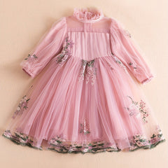 Girls Casual Flower Mesh Sleeves Embroidery Voile Dress For Wedding Party
