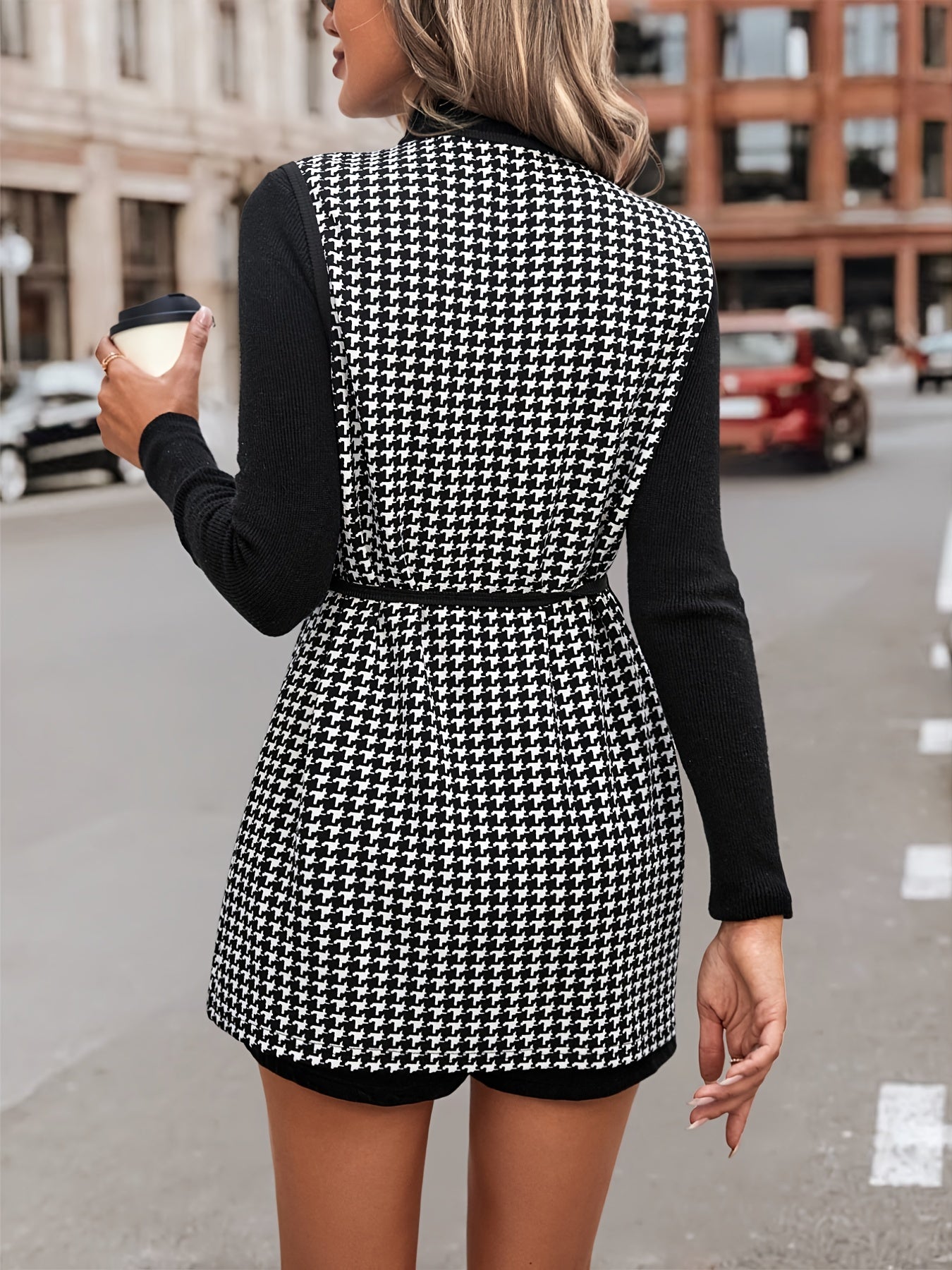 Houndstooth Beaded Button Belted Vest Sleeveless Overcoat