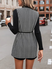 Houndstooth Beaded Button Belted Vest Sleeveless Overcoat