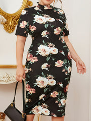 Women's Plus Floral Print Short Sleeve Stand Collar Midi Dress