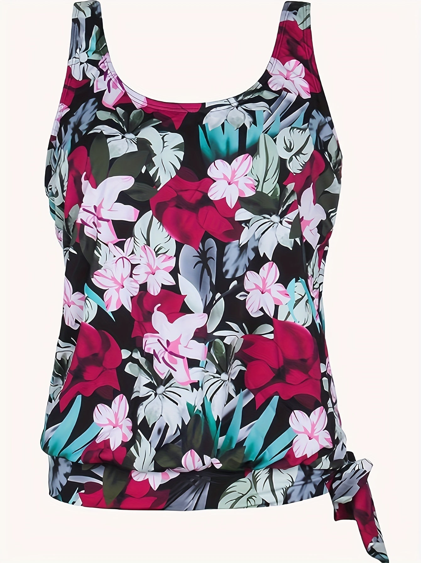 Floral Print Tankini Top Round Neck Knot Side Swimwear
