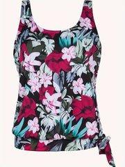 Floral Print Tankini Top Round Neck Knot Side Swimwear